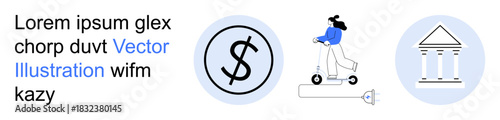 Banking, micromobility, financial services, digital technology, transportation, urban mobility. Currency symbol, person riding e-scooter and classic building icon. Banking and micromobility concept