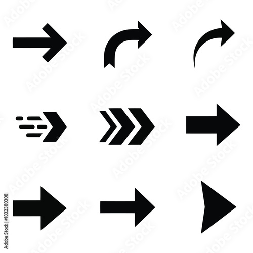 Collection of nine different black arrow icons pointing right