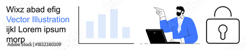 Data protection, cybersecurity, analysis, business trends, technology, privacy assurance. Visuals include bar chart, person pointing with laptop and lock icon. Data protection and cybersecurity