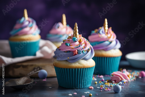 cute unicorn theme birthday party cupcakes. Generative ai