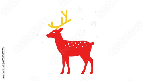 Festive Red Deer with Yellow Antlers and Snowflakes - A Cheerful Christmas Illustration