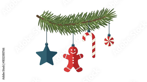 festive christmas decorations including a star ornament gingerbread man candy cane and bauble hanging from a pine branch