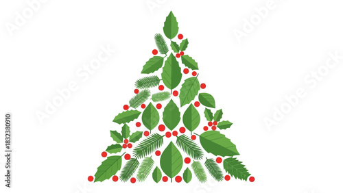 Festive Christmas Tree Illustration Composed of Green Leaves and Red Berries on a White Background