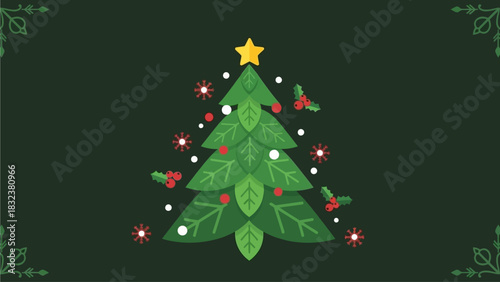 Festive Christmas Tree Illustration with Holly Berries and Snowflakes on a Dark Green Background