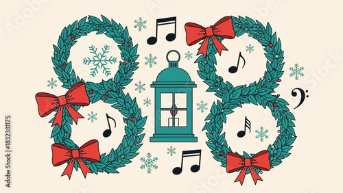 Festive Christmas Wreath Arrangements with Lantern and Musical Notes, Celebrating Holiday Joy