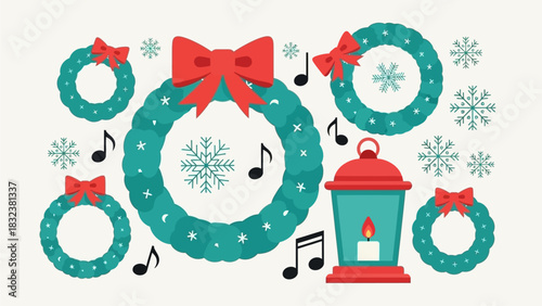 Festive Christmas Wreath and Lantern Illustration with Musical Notes and Snowflakes