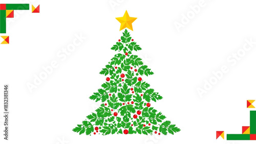 Festive Christmas Tree Illustration with Star and Ornaments on White Background, Perfect for Holiday Greetings and Decorations