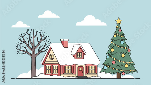 Cozy Snow-Covered House with a Decorated Christmas Tree in a Winter Wonderland Setting