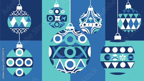 Festive Geometric Christmas Ornaments in a Cool Color Palette with Abstract Patterns and Festive Designs