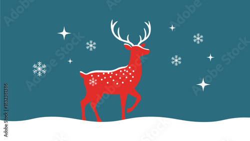 Festive Red Reindeer Silhouette Adorned with Snowflakes on a Wintery Blue Background with Snowdrifts