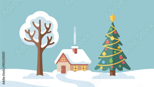 Cozy Snow-Covered Cottage with a Decorated Christmas Tree and Winter Scenery