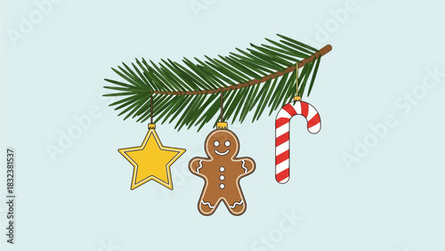 Festive Christmas tree ornaments a gingerbread man, candy cane, and star hanging from a pine branch