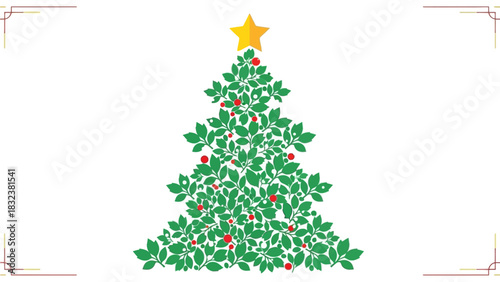 Festive Green Christmas Tree Adorned with Red Berries and a Golden Star, Symbolizing Holiday Joy and Celebration