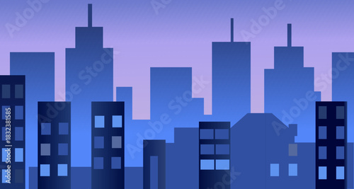 stylized cityscape silhouette at dusk with buildings and windows