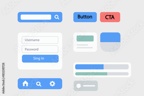 Modern UI design elements for web and app interfaces with buttons and forms