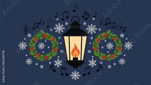 Festive Christmas Lantern with Wreaths, Snowflakes, and Musical Notes on a Deep Blue Background