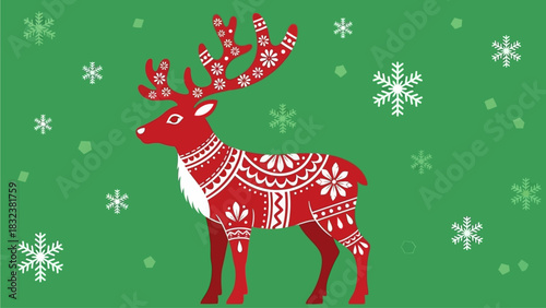 Festive Red Reindeer with Intricate Scandinavian-Inspired Patterns and Snowflakes on a Green Background