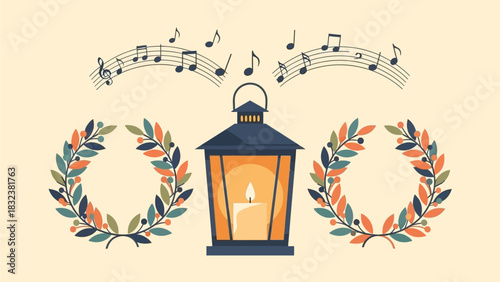 A warm lantern glows amidst musical notes and festive wreaths, symbolizing celebration and remembrance with a touch of nature's beauty