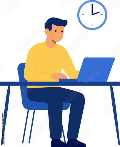 Man working on laptop at desk with clock, representing work time and deadlines