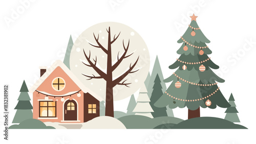 Cozy Winter Village Scene with Decorated Christmas Tree and Snow-Covered Houses