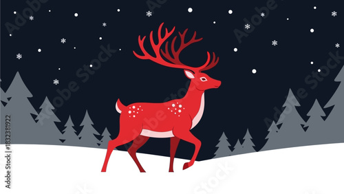A majestic red deer stands proud in a snowy winter landscape under a starry night sky, embodying the spirit of the holiday season
