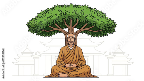 Zen Monk Meditating Under A Lush Green Tree Outside A Traditional Temple Structure