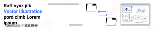 Data transfer, file sharing, digital organization, analytics, cloud storage, information management. Two folders with arrows and a graphical analytics display. Data transfer and analytics concept