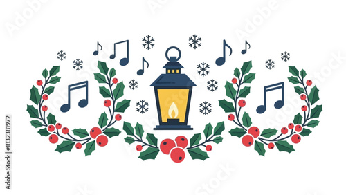 Festive Holiday Music and Lantern Illustration with Holly and Snowflakes