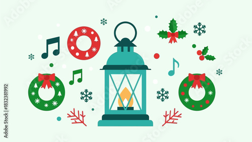 Festive Christmas lantern surrounded by wreaths, snowflakes, and musical notes, creating a joyful holiday atmosphere