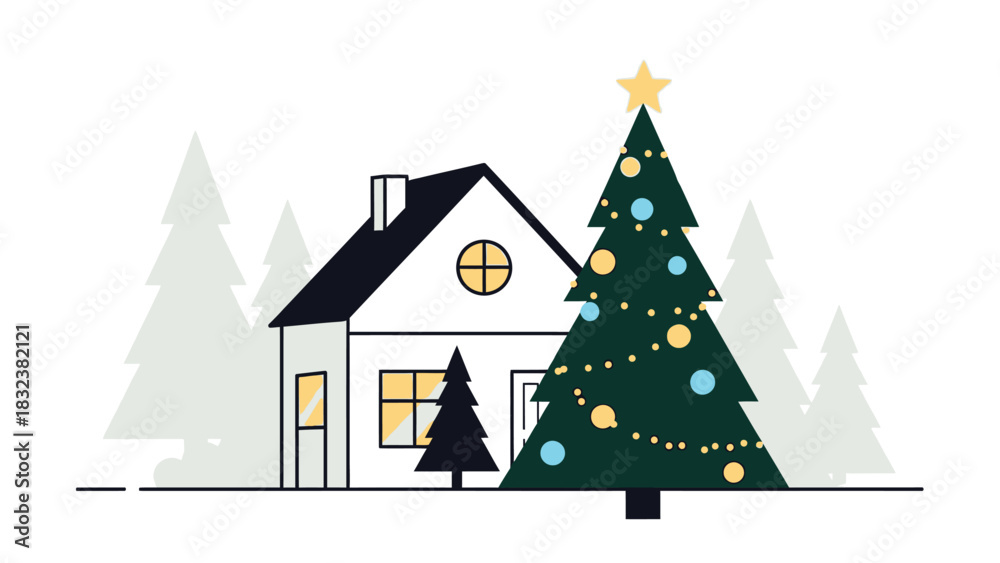 Obraz premium Cozy winter scene with a decorated Christmas tree and a charming house, perfect for holiday greetings and festive designs