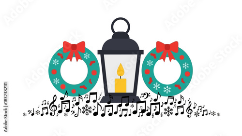Christmas lantern with two festive wreaths and musical notes, creating a cheerful holiday atmosphere