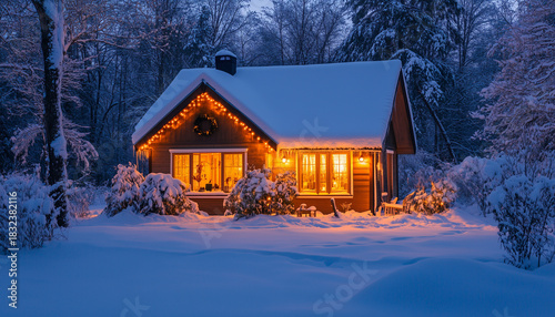 A cozy cottage covered in snow with warm golden lights glowing through the windows.