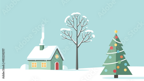 Festive winter scene with snow-covered house, bare tree, and decorated Christmas tree, perfect for holiday greetings