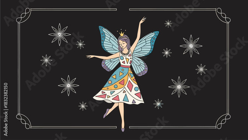 Whimsical Illustration of a Fairy Dancing Amidst Sparkling Snowflakes on a Dark Background