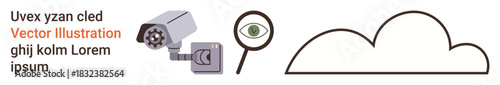 Data security, cloud storage, privacy protection, digital communication, surveillance solutions, file sharing. Camera, magnifying glass cloud line art. Data security and cloud storage concepts