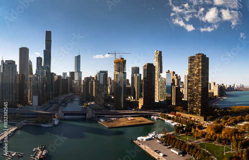  Aerial Panoramic View of Downtown Chicago at Sunrise