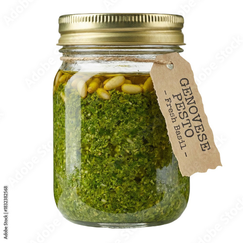 A glass jar of fresh Genovese pesto with a rustic label, transparent background