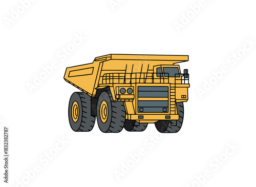 Yellow Mining Dump Truck With Black Outline and Gray Details Against Black Background Vector Illustration