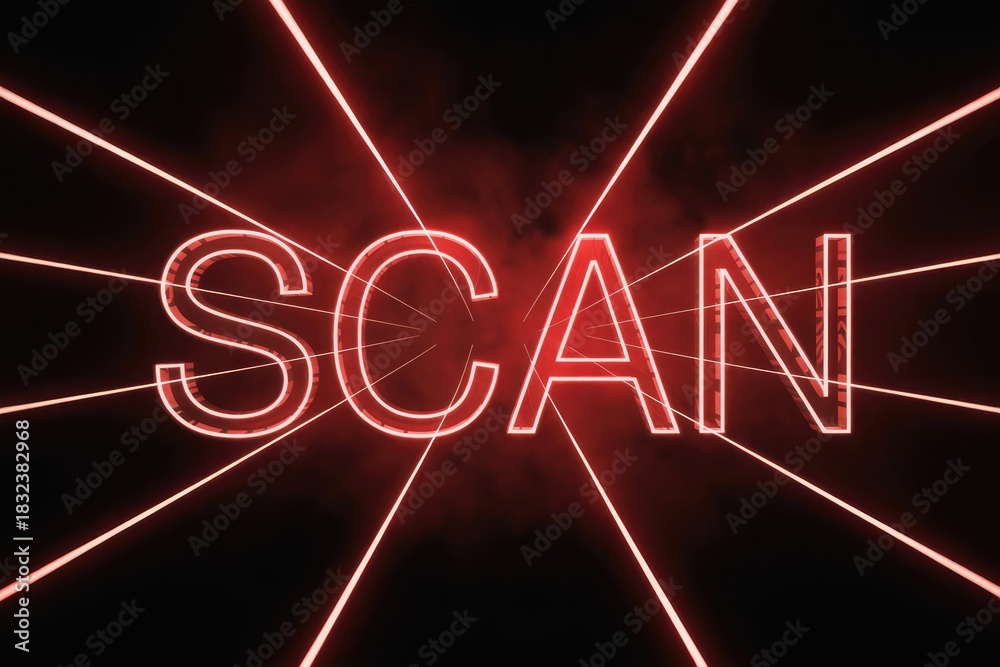 Naklejka premium A striking red neon 'SCAN' text with glowing laser beams on a dark, smoky background, conveying a sense of digital security and futuristic technology.