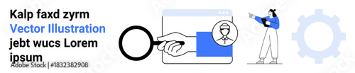 Magnifying glass over a user profile, person pointing at the screen, and a gear icon. Ideal for analytics, research, profile search, HR, user data, digital tools simple landing page