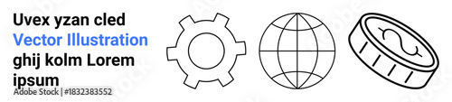 Gear, globe, and coin icon combination symbolizing technology, global networks, and financial aspects. Ideal for business, finance, technology, innovation connectivity industry simple landing page