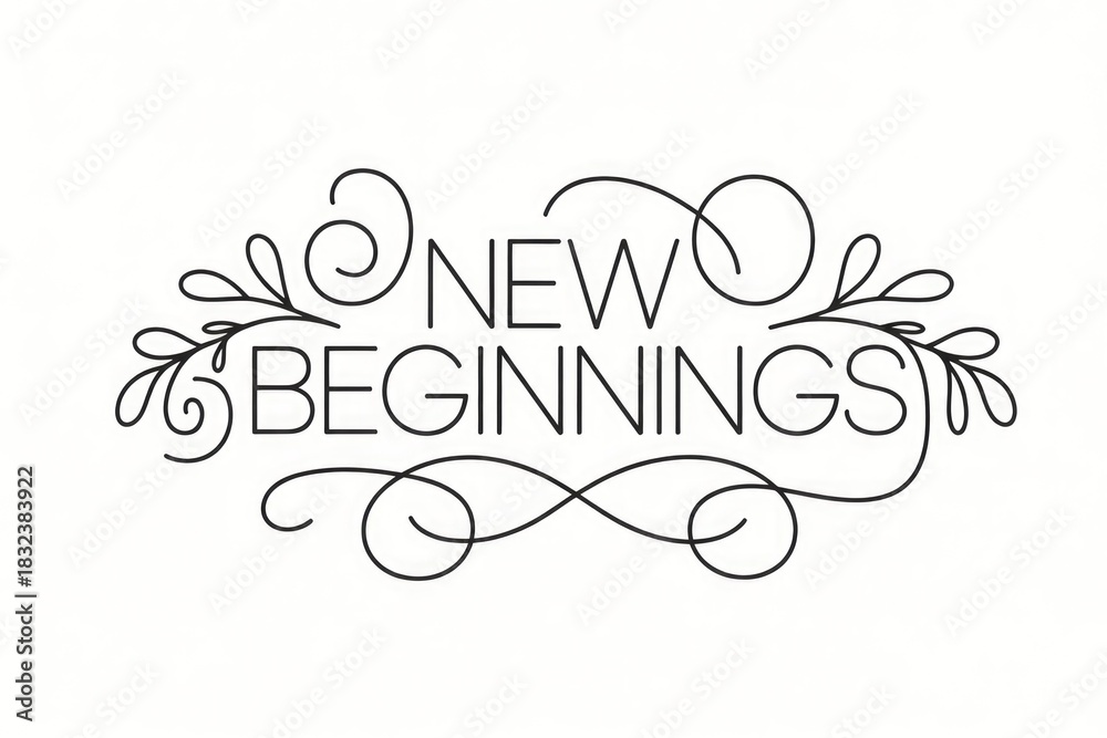 Naklejka premium An elegant monochrome design features the inspiring phrase 'NEW BEGINNINGS' in stylish thin font, framed by delicate swirls and botanical accents.