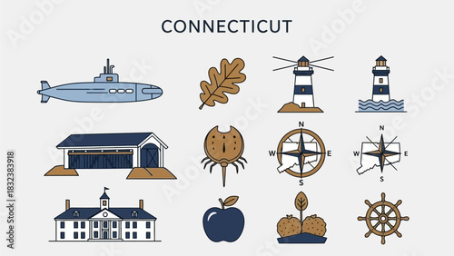 A collection of colorful line art icons representing famous landmarks, maritime history, and cultural symbols of a New England state