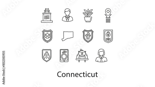 Connecticut state themed icon collection. A set of linear style pictograms representing business, education, and local culture for UI design and infographics