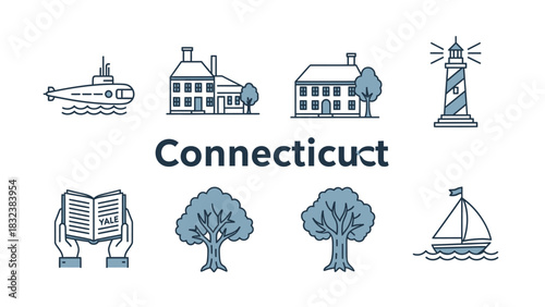 Graphic design elements showcasing the heritage and attractions of a northeastern US state in a minimalist icon set