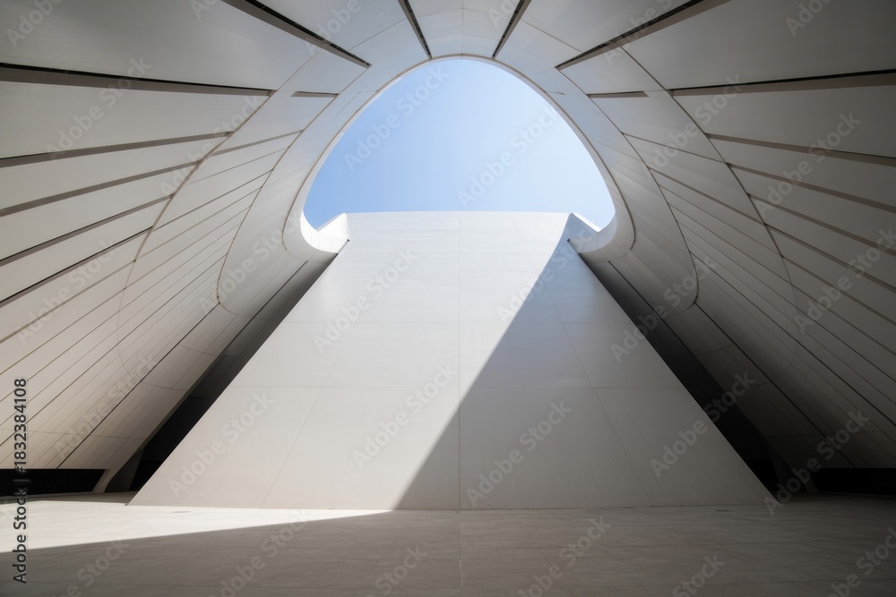 Fototapeta premium Striking modern architecture with smooth white curves opening to a bright blue sky, creating dynamic light and shadow patterns.