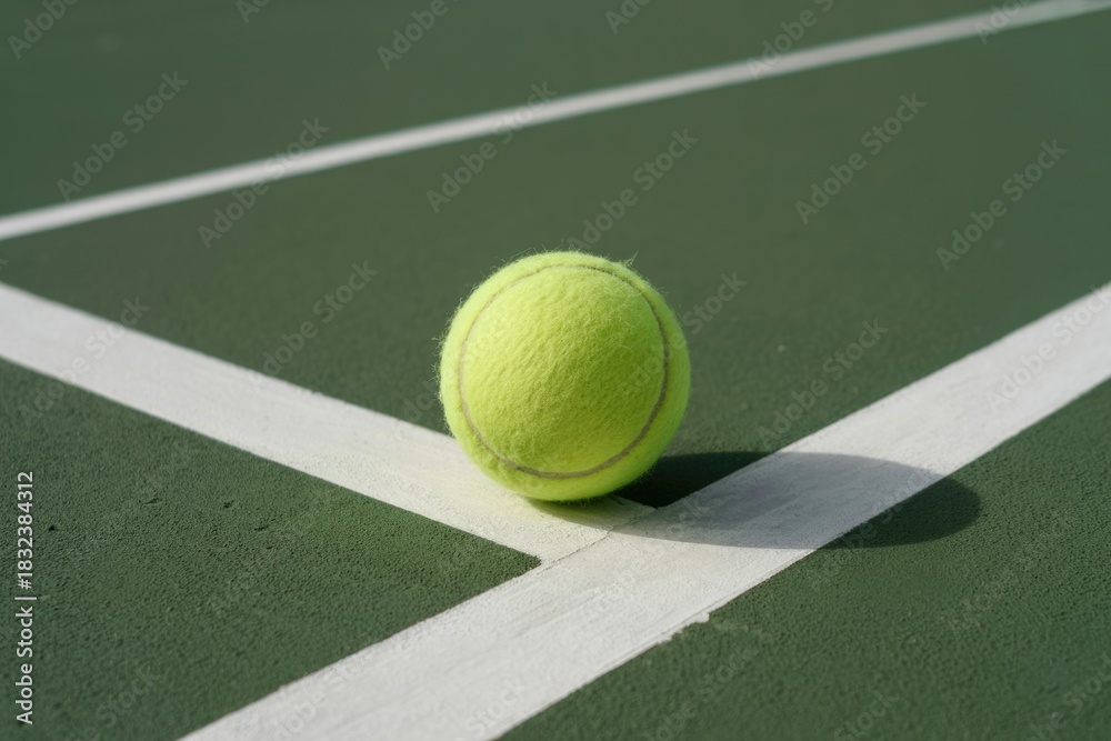 Obraz premium A bright yellow tennis ball rests on a green tennis court. Positioned perfectly at the intersection of white lines, it awaits active play.