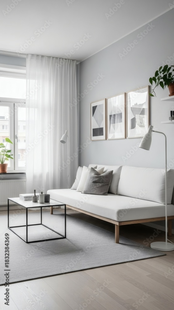 Fototapeta premium Minimal Scandinavian Living Room with White Sofa and Black Coffee Table