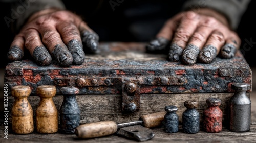Hands With Grime Resting on Vintage Toolbox Surrounded by Old Weights and Tools