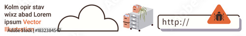 Cloud storage, data security, cybersecurity, file management, internet risks, network warnings. Visual shows a cloud icon, file cabinet and a URL warning icon. Cloud storage and data security